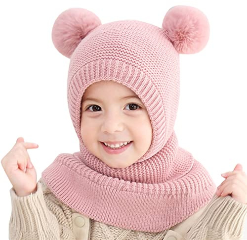 Qersh Schalmütze für Kinder - Wintermütze mit Bommel für Mädchen und Jungen - Schlupfmütze, Mützenschal, Baby Mütze, Fellmütze für 2-7 Jahre (S002)