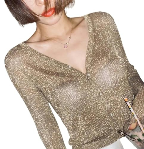MdybF Cardigan pärlknapp dam ljus silke tunn tröja kappa sexig v-ringad stickad tröja topp guld och silver stickad cardigan, Guld, XL