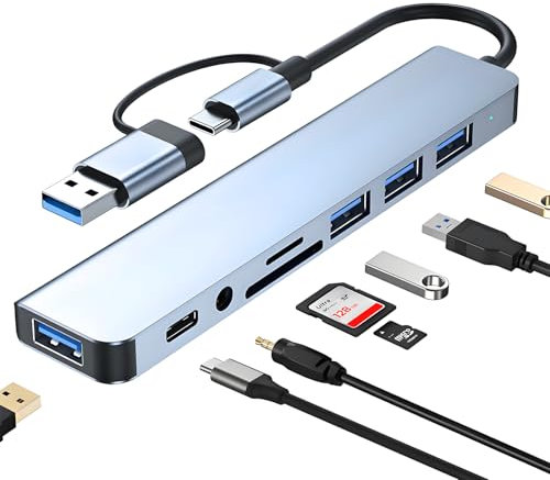 Oblinple USB C Hub 8 in 2 USB Hub 3.0 Multiport Adapter mit SD&TF Kartenleser, 4 USB-Anschlüssen, 3.5mm Audio Anschlüsse, U SB Typ C Hub für MacBook Air/Pro iPad Windows Galaxy