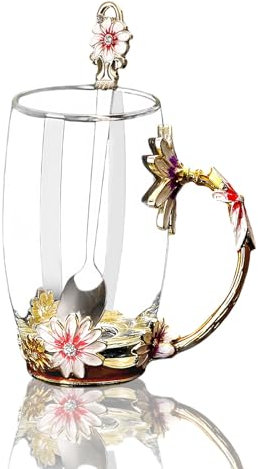 NBBENG Birthday Gifts for Women Her Mom Teacher Friends Enamel Flower Tea Cup, Glass Coffee Mugs Tea Cup with Spoon, Birthday Christmas Gifts for Her Women Mum Friends Teacher Valentines Mothers Day