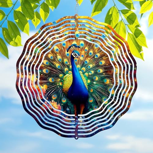 FLAGWIX Peacock Wind Spinners Outdoor - 3D Stainless Steel Metal Kinetic Spinner 12 inch - Gardening Gifts for Women, Peacock Yard Art Home Garden Decor, Gifts for Outside