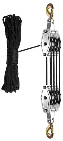 Rope Pulley Hoist - 4-Wheel Block And Tackle Pulley System | 65-Foot Alloy Steel Rope, Effortless 8:1 Lifting Power, Heavy-Duty Hoist for Garage, Warehouse, and Canopy