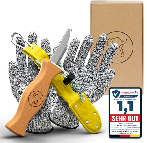 Eli® Couteau de sculpture pour enfant à partir de 6 ans - Avec sac en feutre - Kit de sculpture de qualité supérieure avec gants résistants aux coupures - Couteau de sculpture pour enfants (gelb)