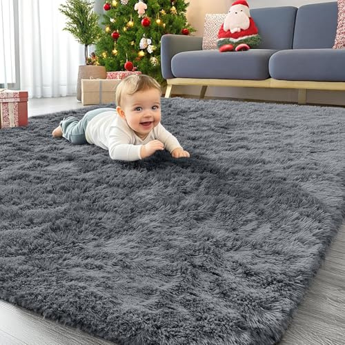 Homaxy Hochflor Waschbar Klein Teppich Wohnzimmer 60 x 100 cm, Dunkelgrau