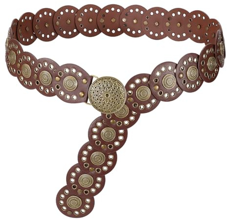 LEACOOKEY Women Wide Vintage Concho Leather Belt Western Disc Waist Belt Boho Disk Concho Style for Dress Jeans