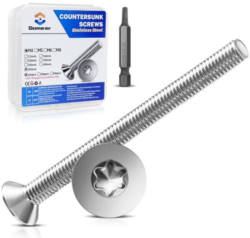 Gomeer 20 Stück M4 x 50 mm Senkkopfschrauben Torx Innensechskant aus A2 V2A Edelstahl Schrauben mit Torx Schlüssel Sechskant Schrauberkopf Norm ISO 14581 / DIN 965,für Maschinen, Möbel,Reparaturen