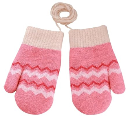 Kids Winter Warm Knitted Mittens On String 1-4 Years Soft Thermal Fleece Lined Mittens Toddler Thick Wave Hanging Neck Full Finger Glove with Plush Lining Magic Stretch Mitten Insulated Ski Snow Glove