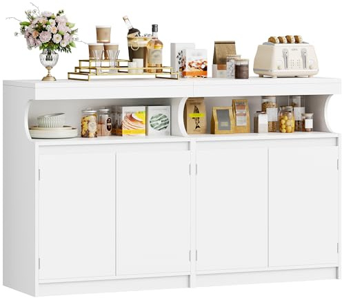 Hzuaneri Credenza Cucina, 4 Ante con Sezione Buffet Aperta, Credenza Soggiorno con Ripiani Regolabili, 40 x 140 x 85 cm, Stile Moderno, Adatto per Cucina, Soggiorno, Bianco SC80103X