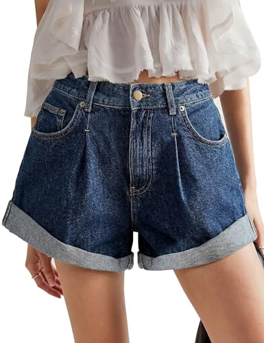 Fengbay Denim Shorts for Women Elastic High Waisted Women's Shorts Stretchy | Rolled Hem Elasticated Detail Loose Relaxed Ladies Jeans Washed Fabric Women's Denim Trendy Pants with Pockets Summer