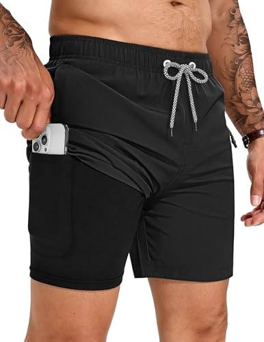 TARAINYA Bañador Hombre Cremallera 2‑en‑1 Compresión Verano Negro L