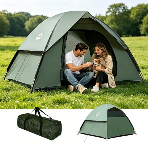Tenda da campeggio per 1-3 persone, ultraleggera, doppio strato impermeabile e antivento, con ingombro ridotto per campeggio, giardino, escursionismo, trekking e famiglie (Verde esercito)