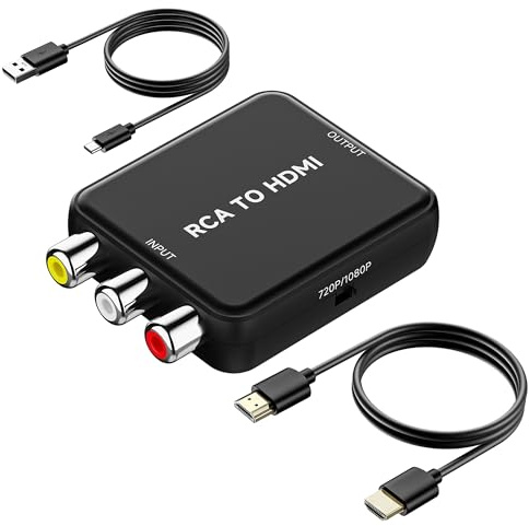 Uzifhdhi RCA to HDMI Converter, AV to HDMI Converter, Composite to HDMI Adapter Supports PAL/NTSC for PS2/VHS/VCR/Blue-Ray DVD ect with HDMI Cable