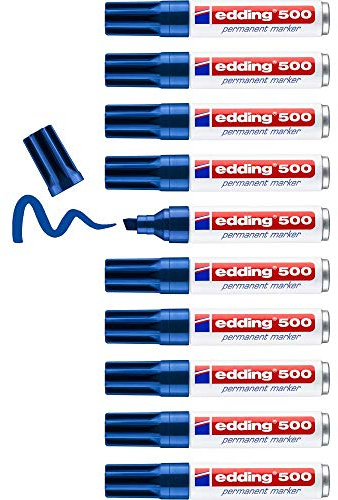 Edding 500 Marcatore Permanente, Blu, 10Pz, Punta a Scalpello 2-7 Mm, Penne Impermeabili, ad Asciugatura Rapida e Senza Sbavature, per Cartone, Plastica, Legno, Metallo, Vetro e Tessuto
