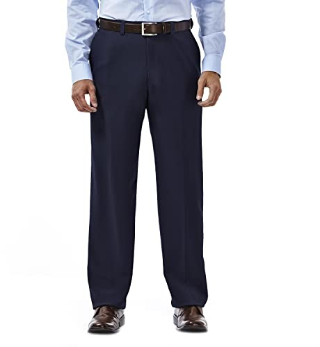 Haggar Men's ECLO Stria Expandable-Waist Plain-Front Dress Pant Blue
