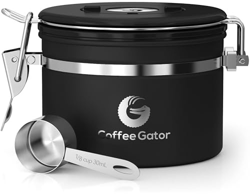 Coffee Gator Coffee Canister Airtight 900 mL, Stainless Steel Kitchen Food Storage Container with Date Tracker, CO2 Valve, Scoop for Grounds Coffee, Beans,Tea, Sugar, Flour, Snacks