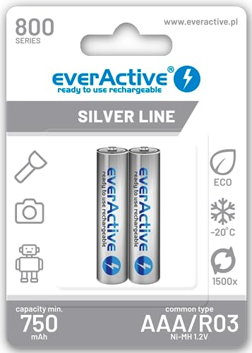everActive Batería AAA 800 mAh 2 Unidades, NI-MH, Micro R03, Pilas Recargables, precargadas, Silver Line 1,2 V, 1 blíster