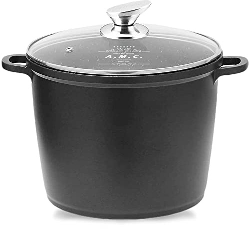 A.M.C. Pentola Alta, rivestimento antiaderente con coperchio in vetro temperato resistente alle alte temperature, adatta a tutte le fonti di calore inclusa Induzione, 7 Litri, diametro 24 cm