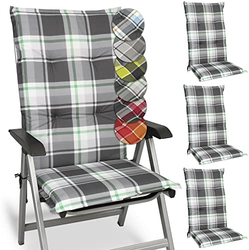 Beautissu 4er Set Hochlehner Auflagen Set Gartenstühle 120x50 cm Polster Mintgrün Kariert – 6cm Dicke Polsterauflage Bequem, rutschfest & UV-Lichtecht 5 – Stuhlkissen Sitzauflage – Sunny MK