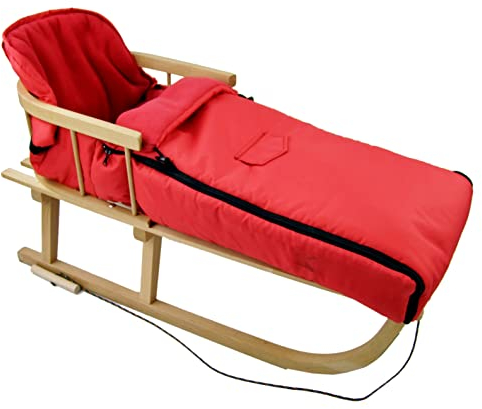 Kombierbjudande träsläde med ryggstöd och dragrep + universell vinteråksäck (90 cm), även lämplig för babystol, barnvagn, buggy, termofleece uni (röd + släde)