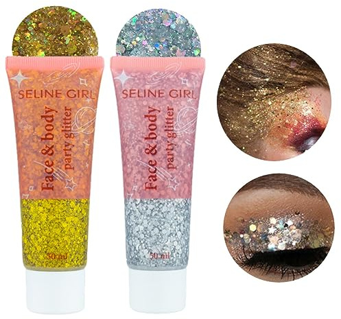 KARLOR Glitter Face Gel 50ml x 2, Festival Glitter Gel Body Glitter Face Sequins Shimmer Glitter Gel Liquid Glitter Body Nail Face Festival Makeup Glitter Festival Accessories(Gold+Silver)