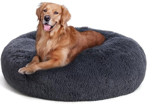 HMTOPE Letto ortopedico per cani Cuscino rotondo per cani Divano per gatti Ciambella accogliente per cani Cesto lavabile, 100cm Ø, grigio scuro