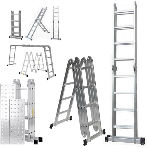 Folding Ladder 4.6m Multipurpose 11-in-1 Step Work Bench with Aluminium Platform Stair Combination ladder -ladders for decorating Capacity 16 Steps for Indoor Outdoor Works, EN131