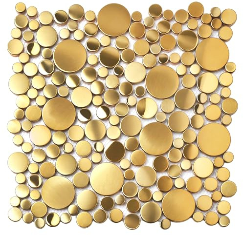 Blujellyfish Gold Tile for Kitchen Backsplash Wall Penny Round Bubble Tiles for Bathroom Shower Floor (Box of 5 Sheets)