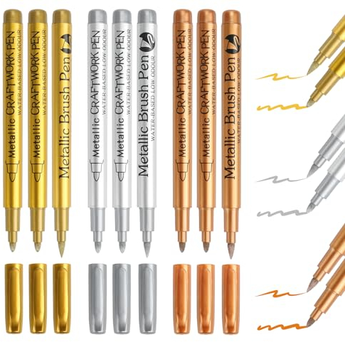 9 Metallic Marker Stifte Set, Gold Und Silber Markierstifte, Glitzer Stifte, Wasserfest Bronze Metallische Marker, Permanente Acrylmarker Metallic Stifte Für Kartenschreiben DIY Zeichnung Album