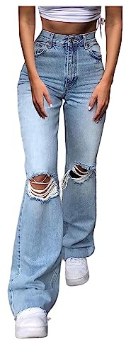 Ripped Mom Jeans Womens High Waisted Petite to Plus Size Ladies Curvy Slim Fit Bootcut Flared Boyfriend Juniors Jeans with Pockets Blue