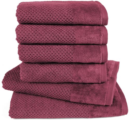 Pure Label 6-TLG. Handtücher Set mit Aufhängeschlaufen aus 100% Baumwolle, saugstark, weich und Oeko-TEX Zertifiziert - 2X Badetuch (70x140 cm) 4X Handtuch (50x100cm), Beere