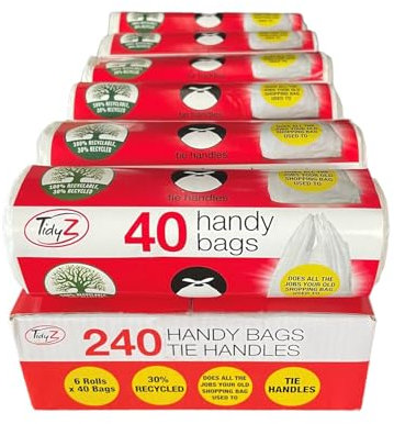 240 TidyZ Handy Bags, Pedal Bin Liners. Minimum 30% Recycled Plastic. Suitable for Office & Bathroom Waste Bins. Tie Handles. 15L. 6 Rolls of 40 Bags. Does All The Jobs Your Old Carrier Bag Used To