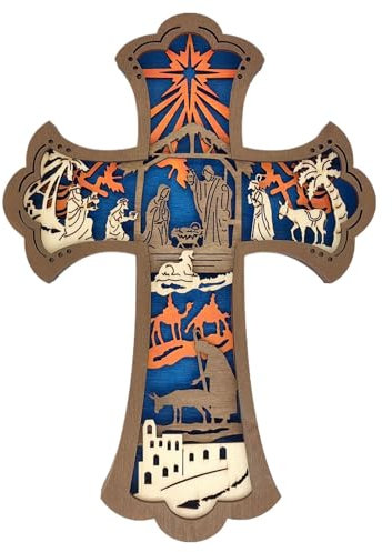 Nativity Crosses Scripture Christmas Ornament, Wall Carved Wooden Nativity, Wooden Wall Hanging Crosses Handmade Antique Design, Religious Family Present for Family Friends and Christian