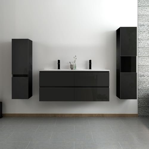 Acezanble Ensemble Meuble Salle de Bain 120 cm Noir Brillant avec 4 tiroirs à Fermeture Automatique, Double lavabo céramique + Deux colonnes, Suspendu