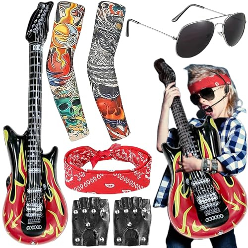 Costume da rock star per bambini, set da 7 pezzi con chitarra gonfiabile, occhiali da sole, guanti con maniche tatuate, bandana, accessori punk per uomini e donne, Halloween anni '80, discoteca party