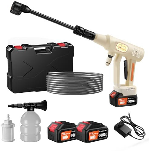 Nettoyeur Haute Pression sans Fil 21V, Portable avec 2x4000mAh Batteries, Buse Multifonction 6-en-1, 5m Tuyau, Nettoyeur Haute Pression pour Voiture, Jardin, Terrasse