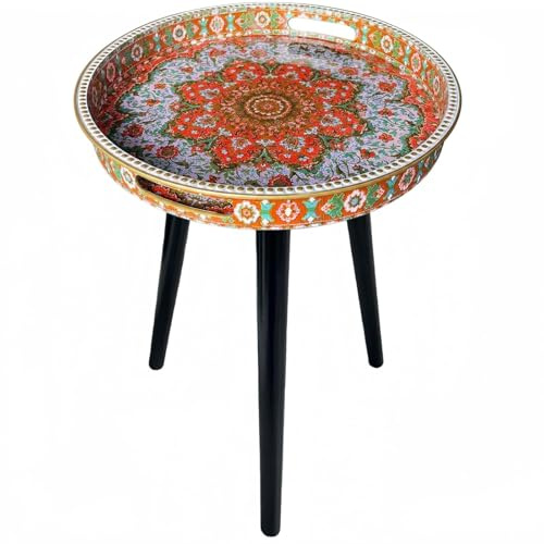 Simmer Stone Runder Beistelltisch für den Innenbereich mit abnehmbaren 3 Beinen aus Holz, vielseitiger Tabletttisch, perfekt für runden Couchtisch, Tee und Entspannungszeit, 45 cm (Punkt-Orange, Rot