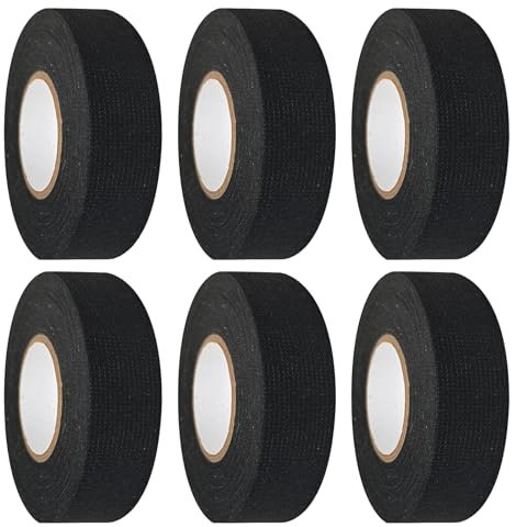 6 Rolls Wiring Harness Loom Insulating Tapes, Black Fabric Tape Adhesive Wiring Loom Tape 19mm x 15m, Heat Proof Cloth Electrical Tapes for Car Automotive Motorcycle Vehicle Cable Looms Wrap Fixing