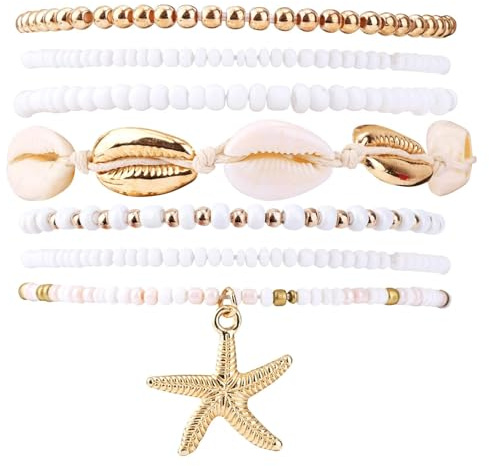 CYWQ 7pcs Summer Beach Bracelets for Women,Boho Layered Beaded Shell Seashell Starfish Surfer Bracelets Set Holiday Vacation Jewelry Accessories Gifts