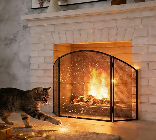 Calidola Parascintille a 3 pannelli, in ferro piatto, 96,5 cm di lunghezza x 61 cm di altezza, verniciato a polvere nera, protezione dalle scintille per camini aperti