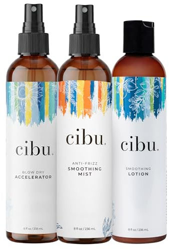 Cibu Blowout Set - Anti-Frizz Smoothing Spray (8oz), Smoothing Lotion (8oz), Blow Dry Accelerator (8oz) - Heat Protectant Spray, Speed Up Blow Drying, Hair Frizz Control for Straight, Shiny Hair