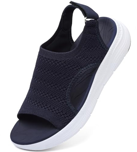 DimaiGlobal Women's Walking Sandals with Arch Support Orthopedic Platform for Plantar Fasciitis Slingback Sport Sandals Summer Washable Knit with Adjustable Straps Outdoor Casual 7UK Blue