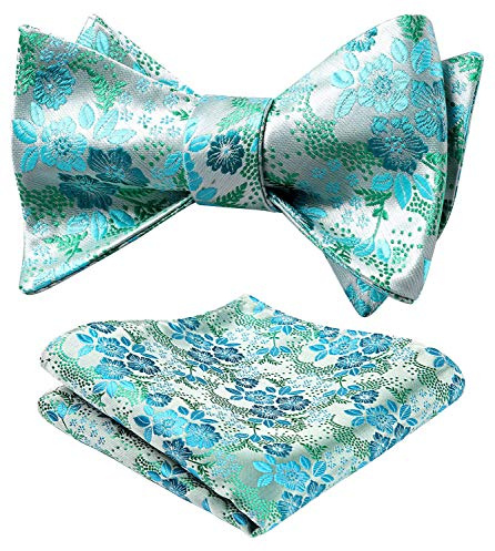 HISDERN Floral jacquard hombre pajarita y juego de bolsillo cuadrado Verde/aqua