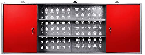 Ondis24 Werkzeugschrank Metall, Werkstattschrank 160x16x60 (H) cm, 2 abschließbare Türen, Hängeschrank mit Einlegeböden (rot)