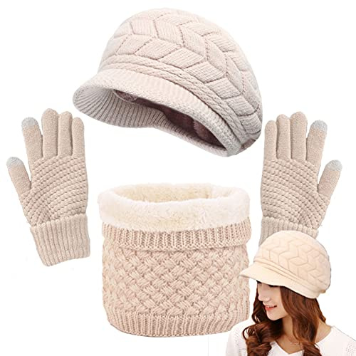 CheChury Sombreros de Invierno Bufanda Gorro de Punto Boina Caliente Pantalla Táctil Guantes Beret Francés Cozy Calentador de Cuello con Forro Polar
