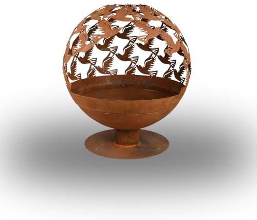 Garden Mile Globo de fuego de hierro fundido cortado con láser pájaros efecto óxido hoyo redondo de metal jardín al aire libre terrazas de fuego decorativo cesta de fuego quemador de madera