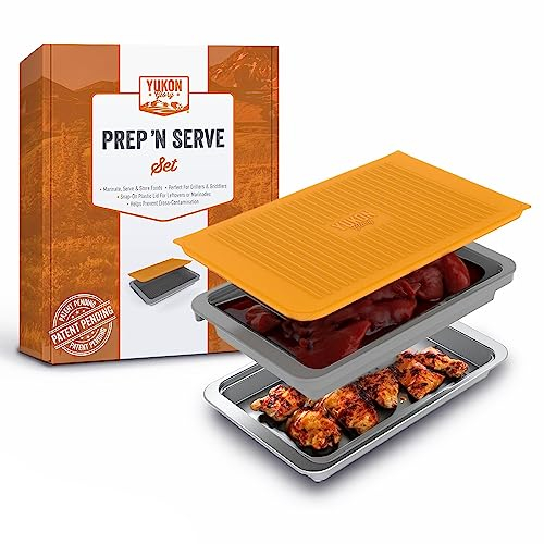 Yukon Glory Grill Prep Tray Set, Stainless Serving Platter, Marinade Tub