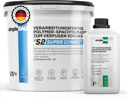 simpleBAU Spachtelmasse 25 kg und Tiefengrundierung 1L – Polymerbasierte Fertigspachtel für Gipskartonplatten und gebrauchsfertiger Tiefgrund für innen & außen Für Wände, Böden und Decken