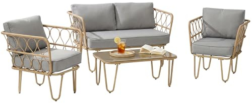 Outsunny Ensemble Salon de Jardin 4 pièces canapé 2 Places + 2 fauteuils + 1 Table Basse Plateau Verre trempé 7 Coussins - Acier et résine tressée - Gris Clair