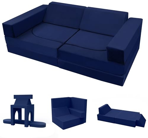 MeMoreCool 10-Pieces Kids Play Sofa, Modular Toddler Chair for Playroom, Fold Out Foam Couch Bed for Girls Boys, Children Convertible Sectional Couch Playset, Navy Blue