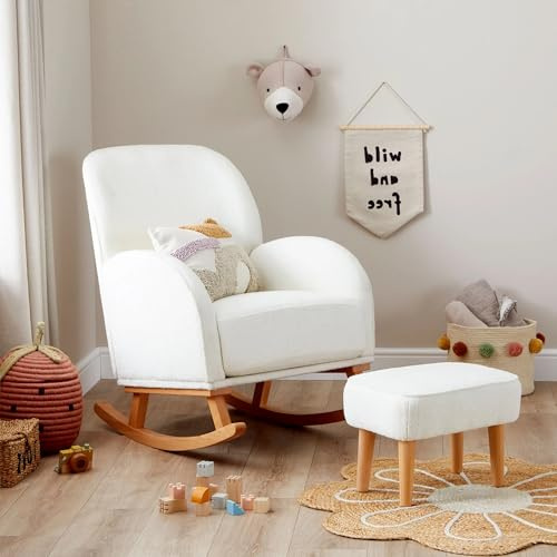 Babymore Freya Nursing Chair & Footstool in Off-White Bouclé - Elegant Rocking Chair for Timeless Comfort With Sturdy Wooden Legs, Soft Fabric & Stylish Armrests | Contoured Backrest Enhances Support